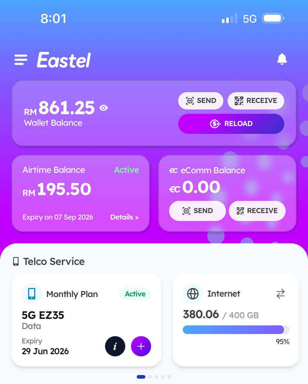 EASTEL 收入截图 RM 861.25