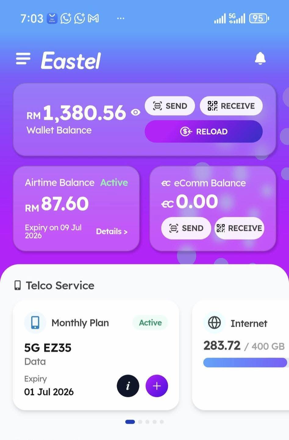 EASTEL 收入截图 RM 1,380.56